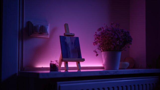 Still life with mini easel, abstract painting, and dried flowers on a shelf with vibrant purple neon light