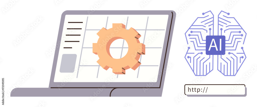 Poster laptop displaying gear icon with ai brain, symbolizing artificial intelligence, automation, and inno