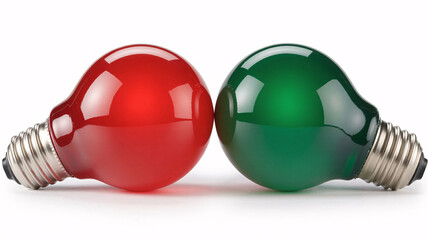 Vibrant red and green light bulbs side by side symbolizing ideas, innovation, and contrasting concepts in a clean studio setting