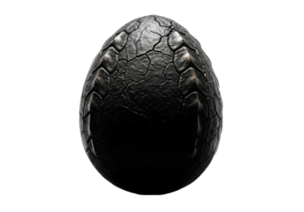 Ancient, unhatched charcoal grey dragon's egg with matte shell, metallic ridges, faint cracks, on dark surface against transparent background, low-key lighting, solemn mystery of forgotten mythical