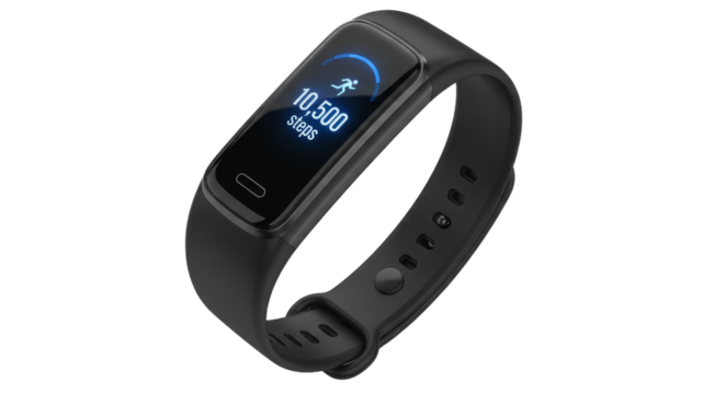 Fitness tracker displaying daily step count and activity level during evening workout session