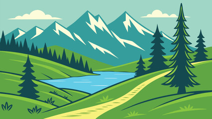 Fototapeta premium Snow capped mountains loom over a serene lake surrounded by lush green hillsides