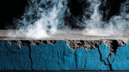 Abstract weathered concrete block podium with jagged cracked top and textured sides, set against a blue foggy background, suitable for product display, design concepts, and artistic composition
