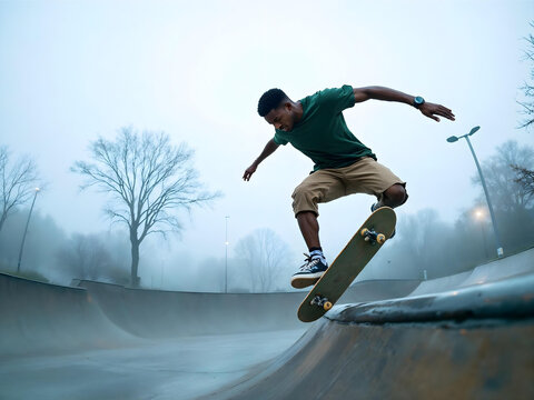 Young skateboarder performing trick in foggy skatepark at dawn, dynamic extreme sports action with urban energy, athletic youth culture, outdoor recreation and dramatic misty atmosphere in city park