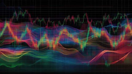 Vibrant Stock Market Chart with Colorful Wavy Lines on Dark Grid