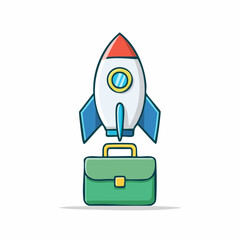 Green briefcase launching a rocket, business startup concept.