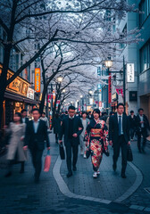 Urban street scenes with diverse people, traditional kimono and cherry blossoms in Japan, and modern city crowd with business professionals and punk style in foggy European street atmosphere