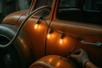 Obraz premium Adding Festive String Lights to a Vintage Orange Car for a Retro Holiday Celebration