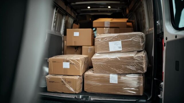Medium shot capturing layered packing approach with various sized packages stacked horizontally in a van to utilize vertical space without damage.