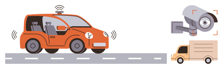 Self-driving car emitting signals, surveillance camera monitoring, and delivery van. Ideal for automation, AI, machine learning, transportation, logistics smart cities security. A simple flat