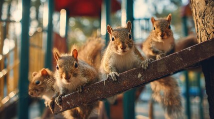 Family of squirrels joyfully exploring a city park playground on a sunny afternoon