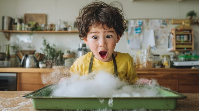 Excited child mixes vinegar and baking soda in a colorful kitchen - Powered by Adobe