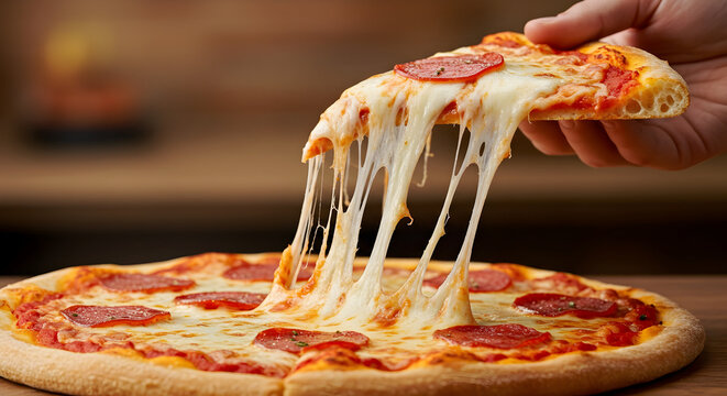 A hand pulling a slice of hot, cheesy pizza, with a long cheese pull