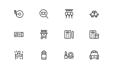 Wedding and event line icon set featuring editable, pixel-perfect symbols with professional, modern, and minimal style ideal for celebrations and planning themes.