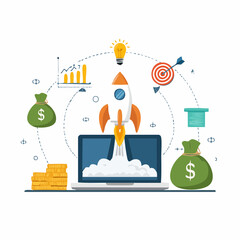 Startup launch, financial success, business growth, online innovation.
