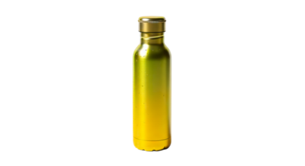 Shiny yellow metallic water bottle on a white background for hydration and outdoor activities