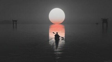 Person kayaking sunrise foggy lake