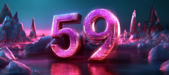 Futuristic Display Glowing Digital Number 59 Illuminates an Abstract Colorful Background with Style