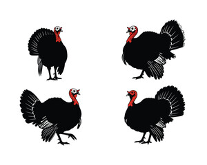 Four distinct black turkey illustrations in various poses showcasing their fanned tails and proud stances on a white background