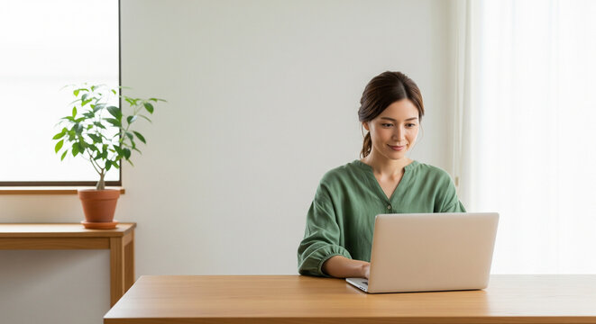 Focused Asian woman working remotely on laptop at her wooden desk in a bright, clean, minimalist home office, perfect for online learning or telecommuting