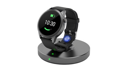 Smartwatch charging on sleek dock displaying battery status and time