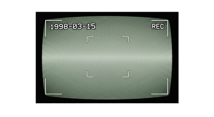 Muted green-scale pixelated monochrome retro security camera viewfinder with '1998-03-15' and 'REC' text, transparent, historical data capture and nostalgic technology