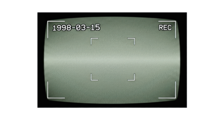 Muted green-scale pixelated monochrome retro security camera viewfinder with '1998-03-15' and 'REC' text, transparent, historical data capture and nostalgic technology