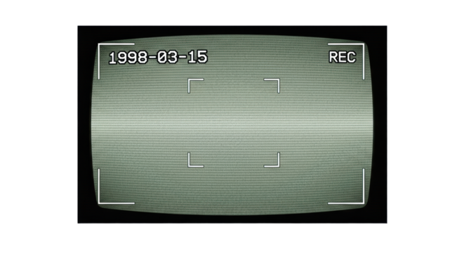 Muted green-scale pixelated monochrome retro security camera viewfinder with '1998-03-15' and 'REC' text, transparent, historical data capture and nostalgic technology