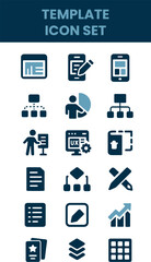 Template icon set. Layout, flowchart, diagram, form, wireframe, grid, table, editable, layers. Solid vector icons collection.