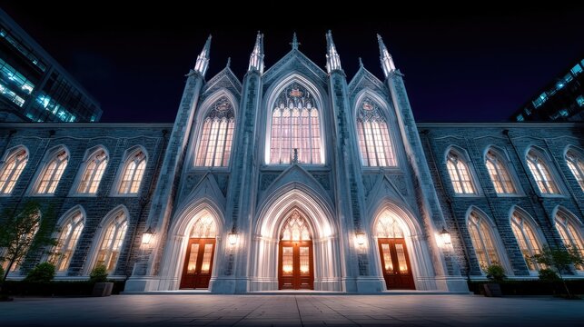 Ornate Gothic Cathedral Facade Lit at Night with Architectural Details and Intricate Design Under a Dark Sky Cinematic View