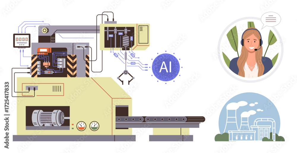 Aufkleber advanced factory machine with ai interface, robotic arm, and conveyor system. woman in headset for r