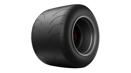 3D realistic racing car slick tire high grip (clean modern detail, white isolated background,High-performance racing slick tire isolated on white background, motorsport wheel design with smooth tread	