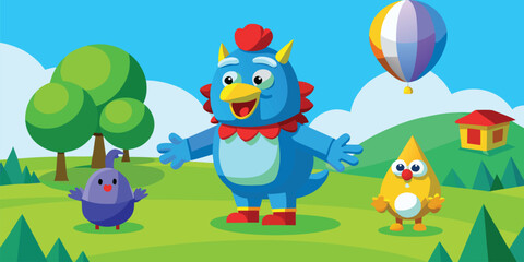 Naklejka premium Cheerful cartoon birds and a monster with a hot air balloon and a house. Including cartoon, bird, monster, hot air balloon, house, drawing, blue, nature, kids, hills, children, outdoor illustration. 