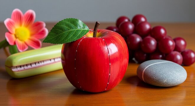 An artificial apple and other objects, representing something factitious or contrived.