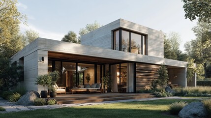 Fototapeta premium Modern Two-Story Country House with Light Gray Clay Walls & Wooden Slats – Open Terrace, Family Scene, Lush Summer Garden