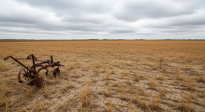 A vast, dry, fallow field with an old rusty plow in the foreground under a cloudy sky.