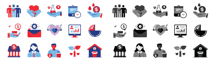 Business Finance -Charity Concepts vectors elements. Including  finance, charity, icon, icons, set, collection, symbols, money, dollar, hand, giving, donation, heart, love, care, people illustration. 