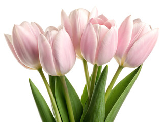 Fototapeta premium A close up of a bouquet of light pink tulips with green stems and leaves on a black background view