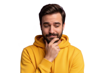 Man in yellow hoodie contemplating deeply with hand on chin thoughtful expression isolated on transparent background