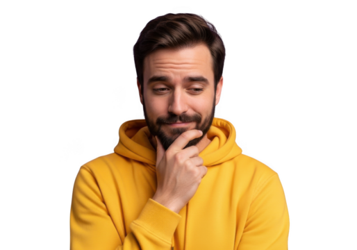 Man in yellow hoodie contemplating deeply with hand on chin thoughtful expression isolated on transparent background