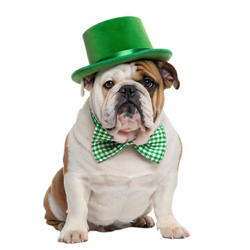 A bulldog wearing a green st patrick's day hat and bow tie sitting on a black background looking forward