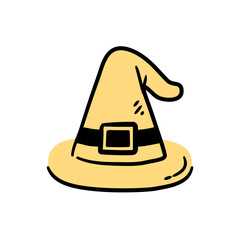 Isolated whimsical witch hat perfect for Halloween or fantasy themed designs with simple lines.