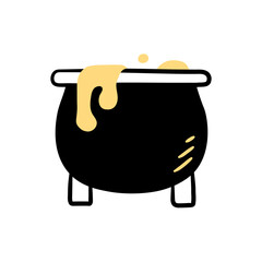 A black witch cauldron with bubbling potion sits, exuding a mystical Halloween mood.