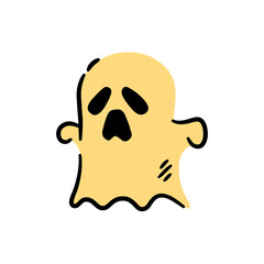 A cute, minimalist, yellow ghost floats with a sad expression for spooky season decor.
