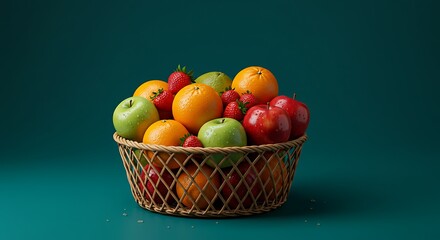 Colorful Fruit Basket With Apples, Oranges, Strawberries On Green Background Fresh Produce Display For Healthful Snack Ideas