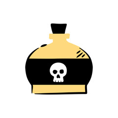Golden potion bottle with skull, a spooky Halloween treat in a cute cartoon style.