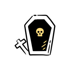 Stylized open coffin with skull and cross tombstone for a spooky Halloween season.