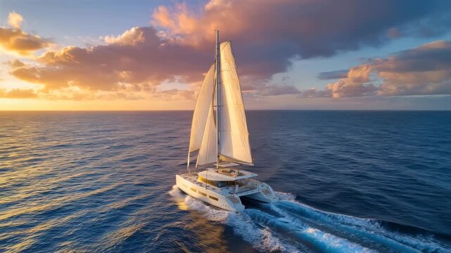 A beautiful sailboat moves gracefully across the ocean during sunset. The sky is filled with vibrant colors as the sun sets on the horizon. Smooth waves surround the vessel