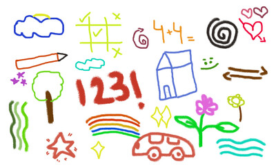 Children Drawing Multicolored Symbols Vector Set for Creative Graphic Design.