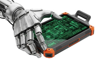 Metallic robotic hand gripping rugged matte black industrial tablet displaying neon green holographic schematics, transparent studio background with copy space, Concept of industrial technology and